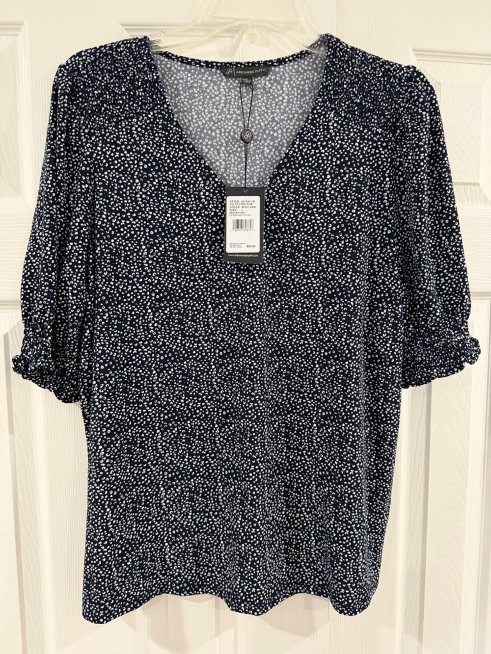 Adrianna Papell Navy and White Dotted V-Neck Blouse